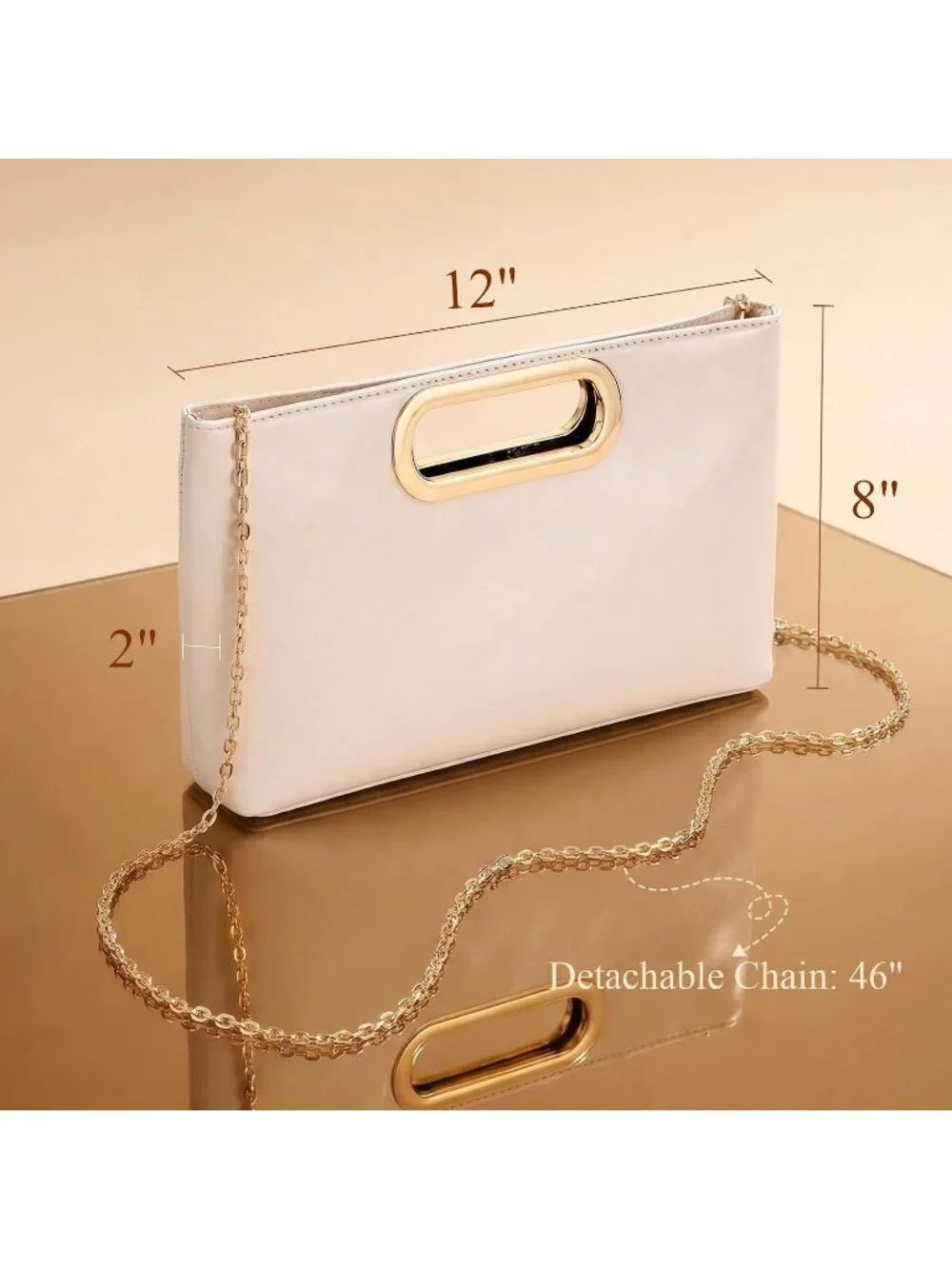 Women's Cream Clutch Handbag Modern Faux Leather with Metal Handle Evening Bag